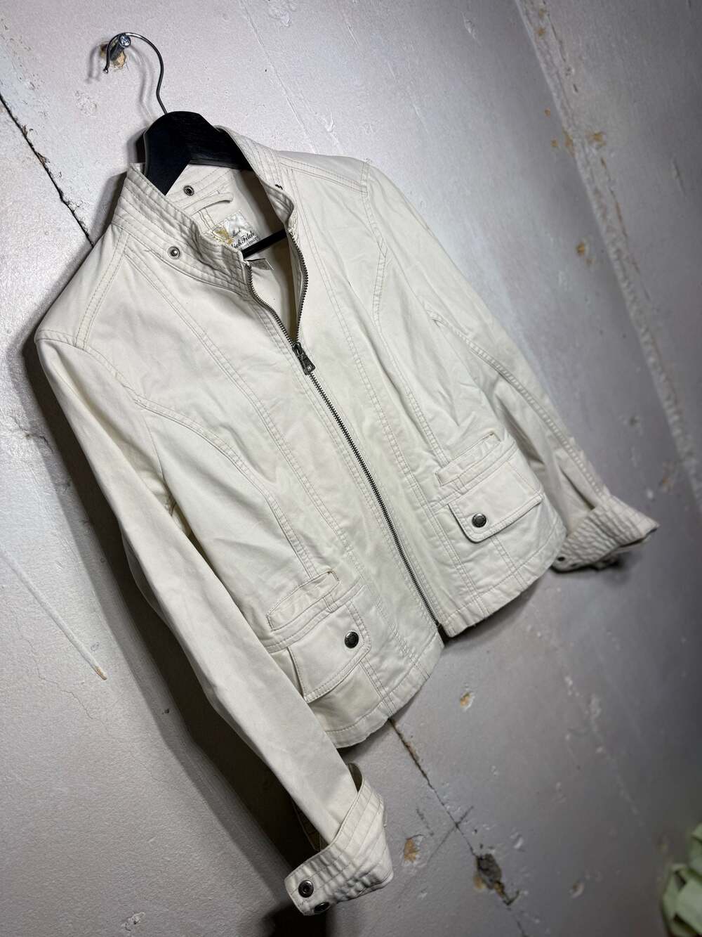 Abercrombie & Fitch Women's Vintage Y2K Cream Cotton Stretch Moto Jacket Size L